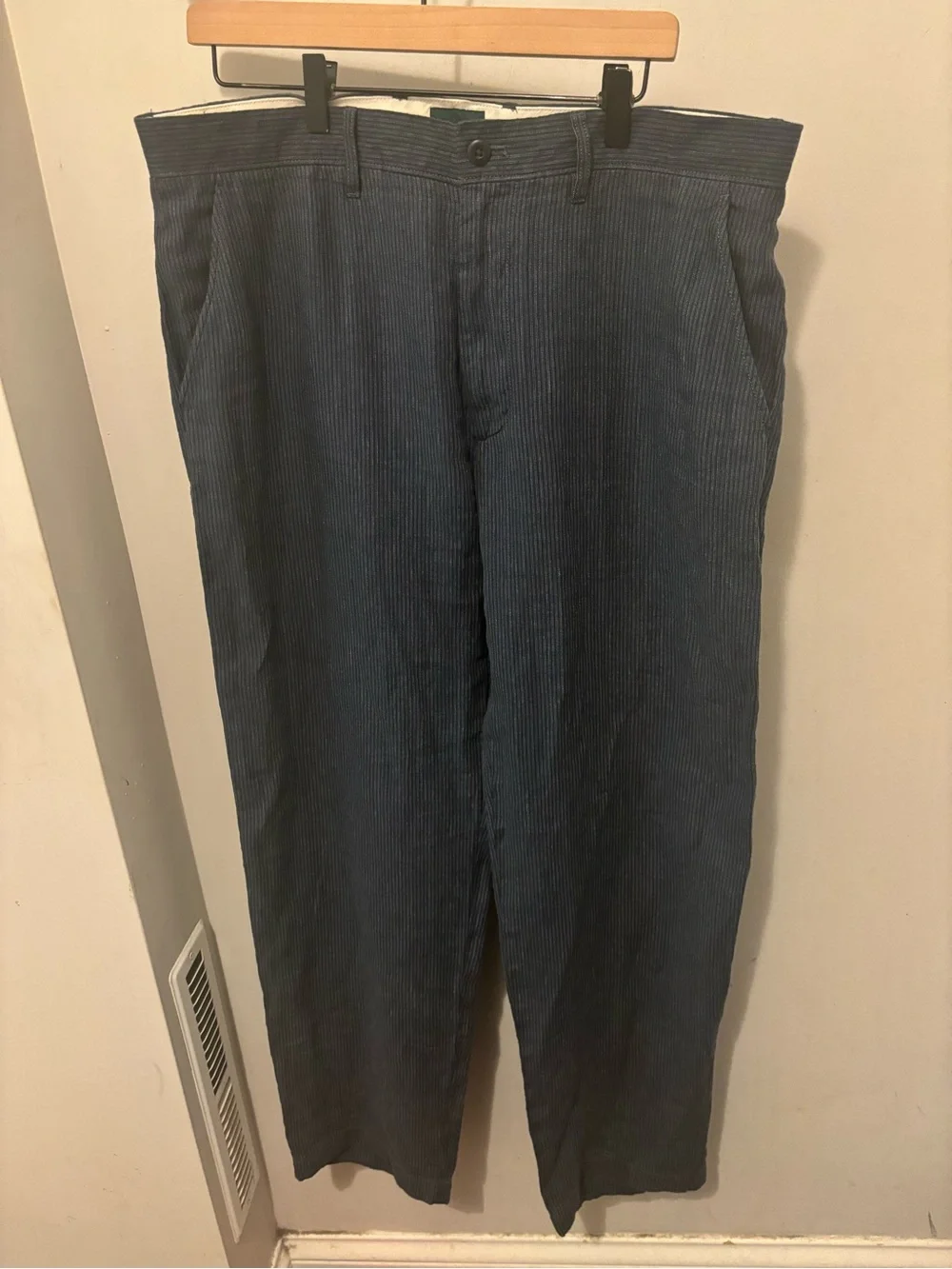J Crew Classic Fit Linen Trouser Pants 35x32 Navy Gray Stripe Striped